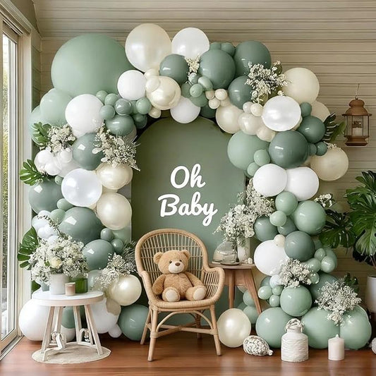 Sage Green White Balloon Garland, Double Stuffed Dusty Green Sand White Pearl Balloons Pastel Balloon Arch Kit for Baby Shower Birthday Bridal Wedding Gender Reveal Easter Party Decorations