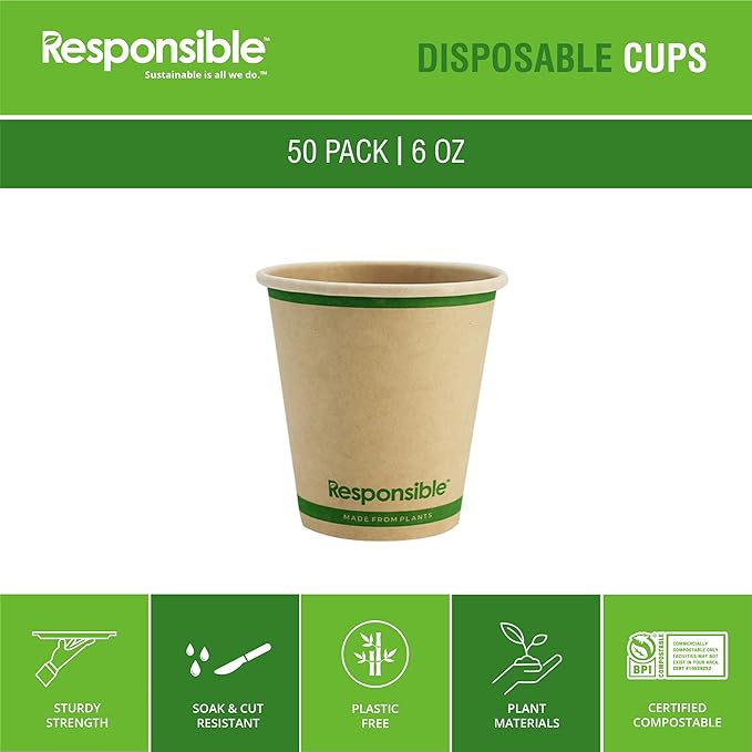 Responsible Products Certified Compostable 6 oz Paper Cups, Cold ＆ Hot Coffee Cups, Disposable Paper Cups, Extra Strength Disposable Cups, Made without PFAS (50 count)