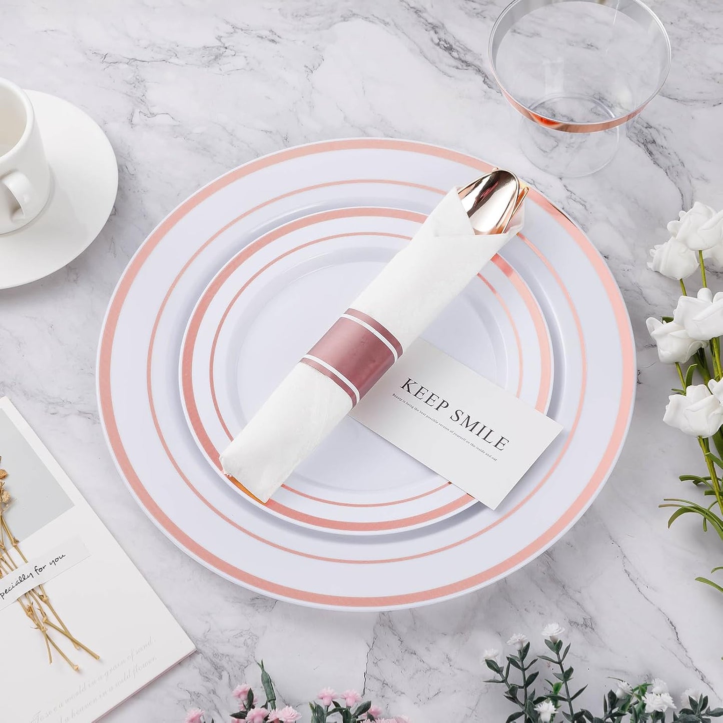 BESTVIP 350PCS Rose Gold Plastic Dinnerware Set, Disposable Party Plates for 50 Guests, Include: 100 Plastic Plates, 50 Pre Rolled Napkins with Rose Gold Silverware, 50 Cups for Christmas, Halloween
