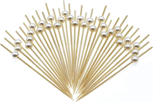 Minisland White Pearl Cocktail Picks, 4.7 Inch Long Bamboo Fancy Toothpicks for Appetizers, Decorative Christmas Bridal Wedding Party Food Drink Garnish Fruit Kabob Skewer Sticks 100 Counts - MSL152