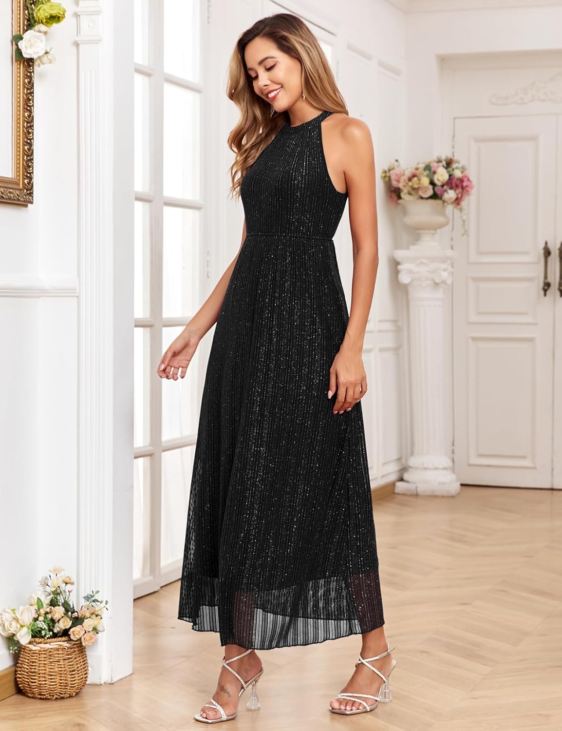 Maternity Sparkly Mesh Dress Halter Neck Sleeveless A Line Pregnancy Dresses Semi Formal Baby Shower Photoshoot