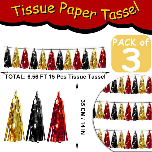 3P Red-Black Gold Tassel Banner Garland Metallic Foil Fringe Banner Tinsel Tassels Streamer Banner Backdrop for Parade Floats, 2025 Graduation Decorations, Baby Bridal Shower Party Decoration