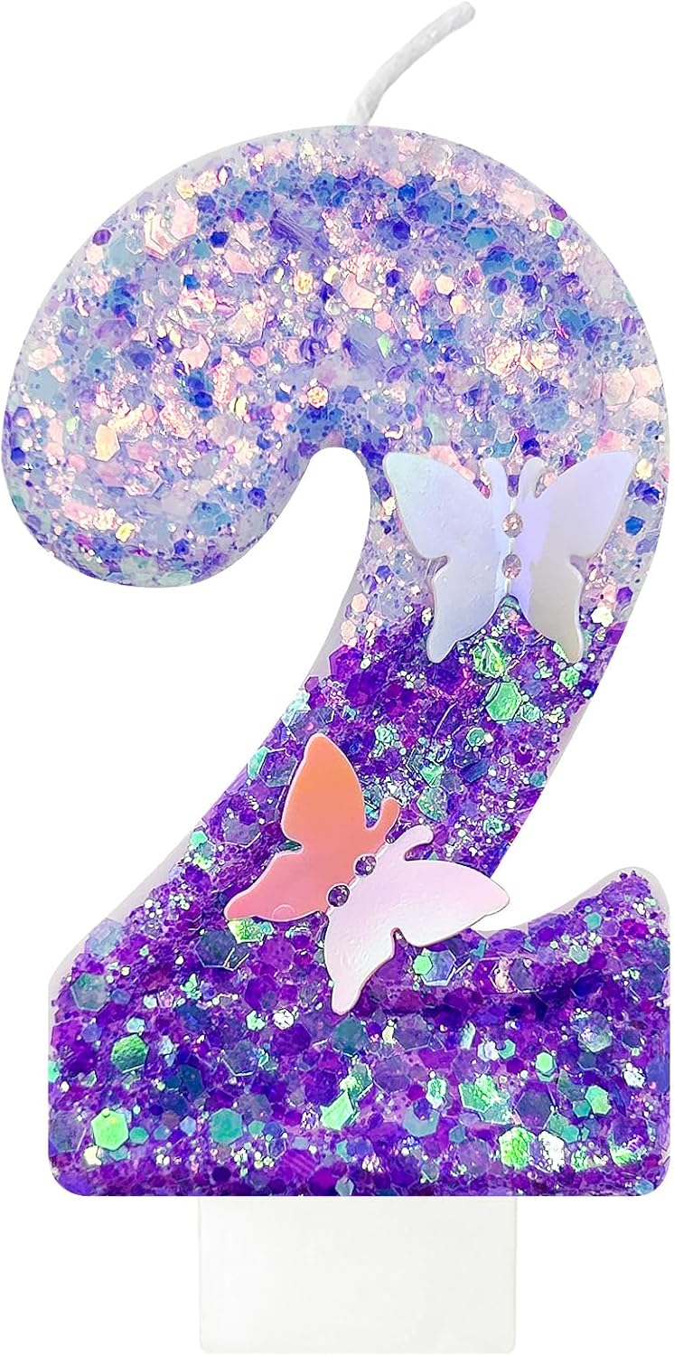 2Th Birthday Candle for Cake，Butterfly Cake Toppers，Butterfly Birthday Decorations，Purple Birthday Candles，for Birthdays,Theme Parties, Celebration, Anniversary