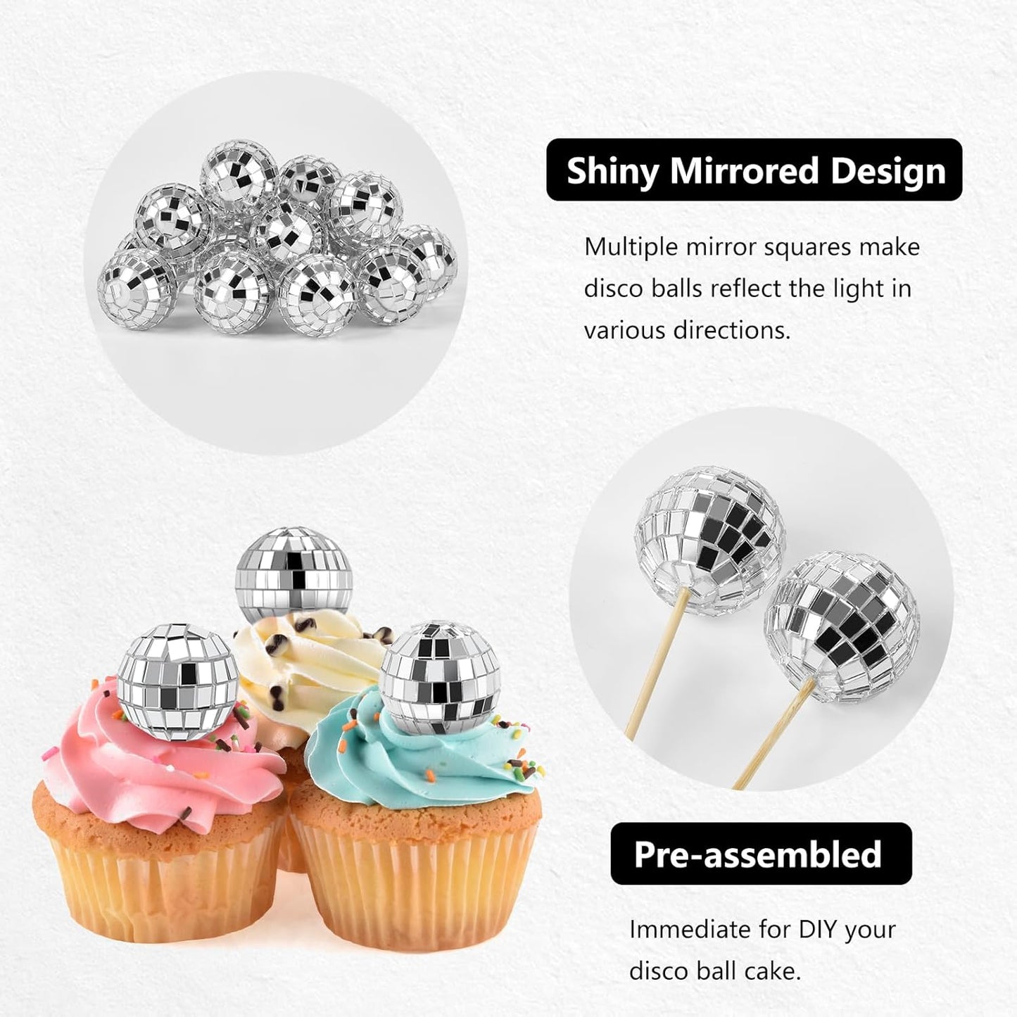 24 Pcs Disco Ball Cupcake Toppers, Mini Disco Ball Cake Picks Birthday Cake Decorations for 1970s Disco Theme Party Favor