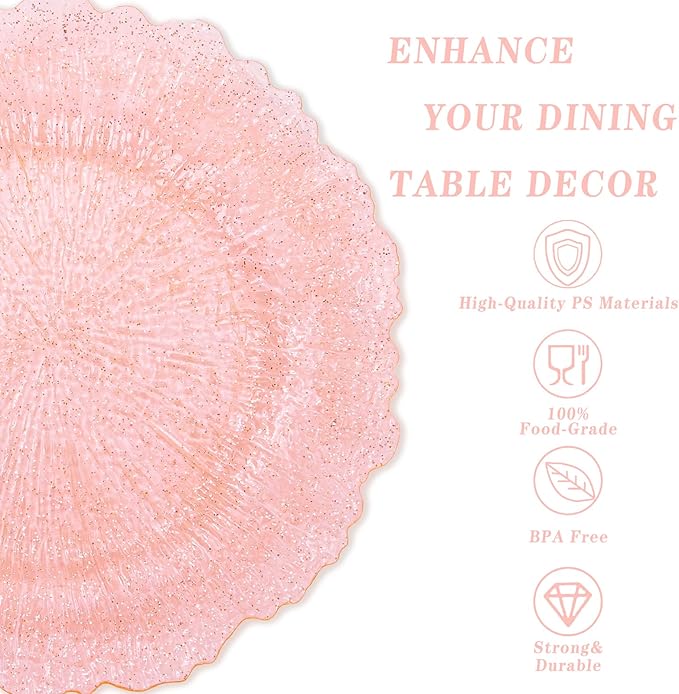 U-QE 60PCS Pink Plates for Party - Pink Plastic Plates Disposable Heavy Duty - Clear Pink Plastic Plates for Mother's Day Including 30 Plastic Dinner Plates 10" & 30 Plastic Dessert Plates 7"