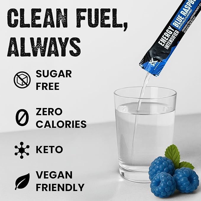 CardoMax - Energy Drink Packets - Liquid Preworkout for Men & Women Caffeine Packets with BCAA, Vitamin B12, Vitamin B6 & B3 - Sugar-Free, Zero Calorie, Vegan & Keto - 15 Stick Packs - Blue Raspberry