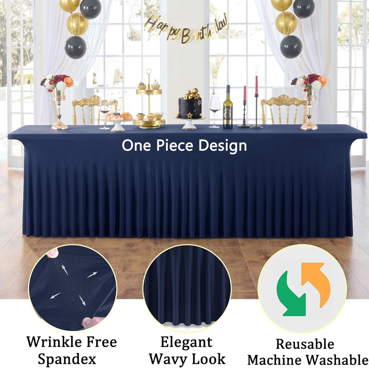 6pack Navy Blue Spandex Tablecloths 8ft for Rectangle Tables, Wrinkle Free Classy Table Skirt Stretchy 8 Foot Fitted Table Cloths Covers for Weddings Birthday Party Events Banquette Baby Shower