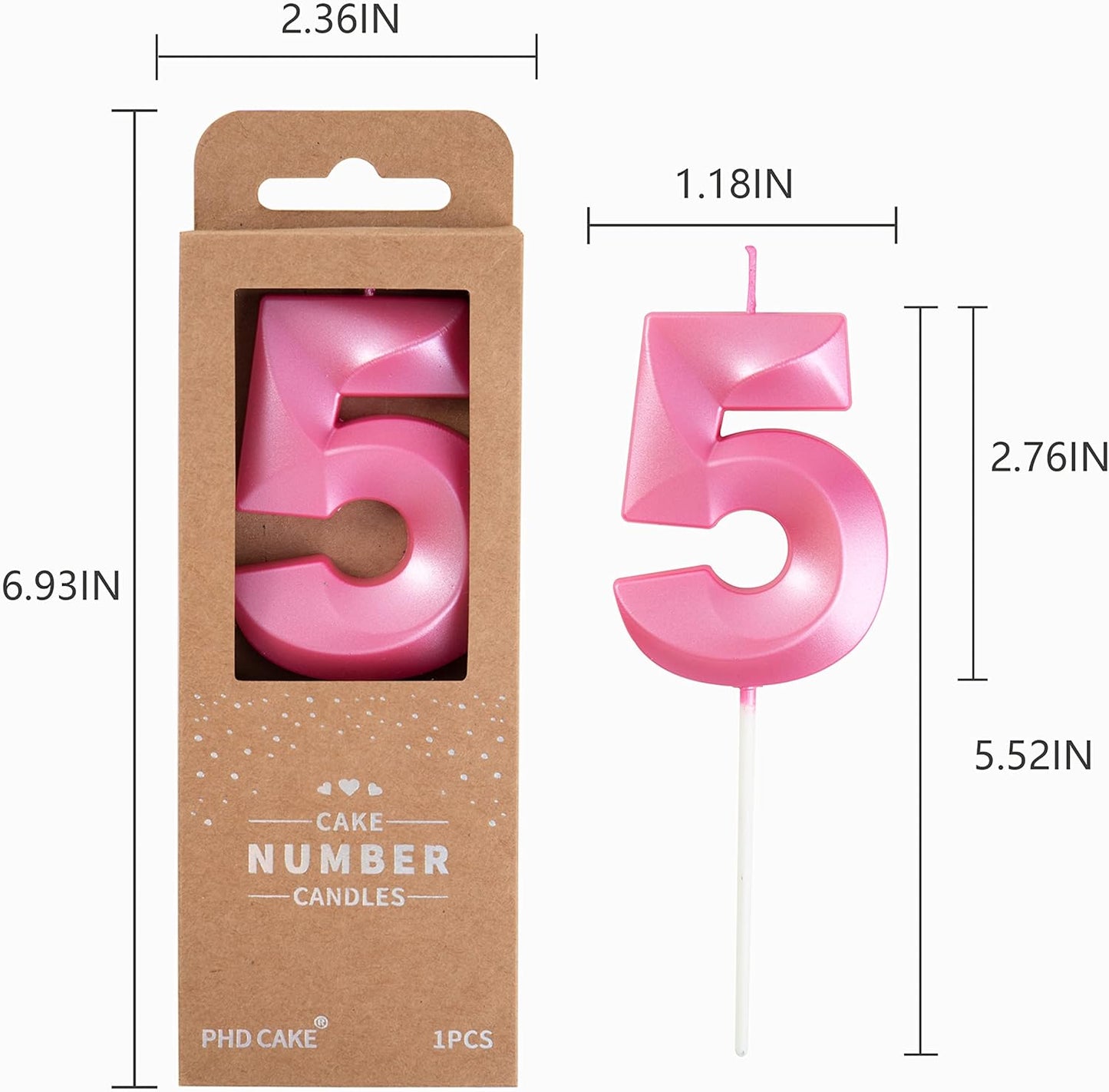 PHD CAKE 2.76 Inch Diamond Pink 5 Number Birthday Candles, Pink Number Candles, Cake Number Candles, Party Celebration