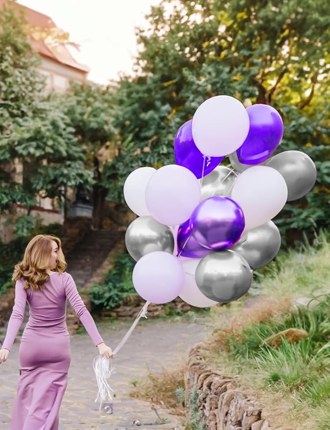 Purple and Silver Balloons,12 Inch 60pcs Pastel Purple Balloon with Silver Confetti Balloon,Lavender Balloons for Mother's Day Birthday Baby Shower Graduation Wedding Party Decorations