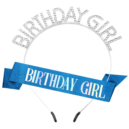 Birthday Sash Birthday Crown for Women, Birthday Girl Sash, Birthday Girl Crown, Glitter Deep Blue Birthday Sash and Crown Rhinestone Headband Set, Happy Birthday Girl Princess Tiara Sash Accessories