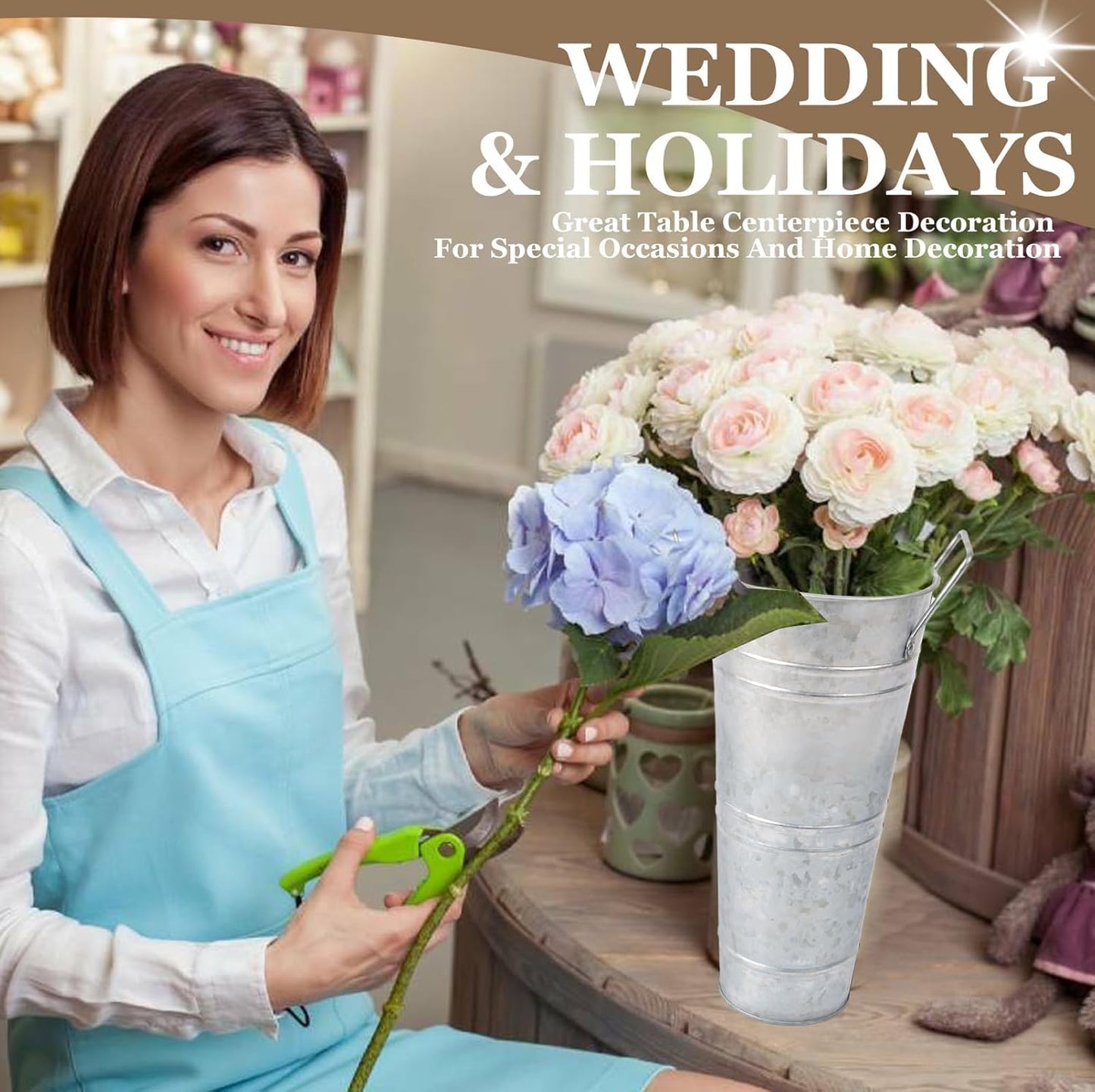 8 Pcs 10 Inch Large Galvanized Metal Vases Farmhouse French Flower Bucket Vases for Cut Flowers for Home D