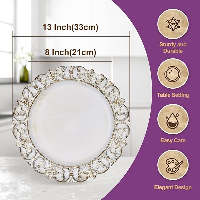 Gifturbo Antique White Charger Plates, 13" Round Chargers for Dinner Plates, Plastic Floral Plate Chargers with Embossed Rims for Wedding,Table Setting,Decoration,Set of 6