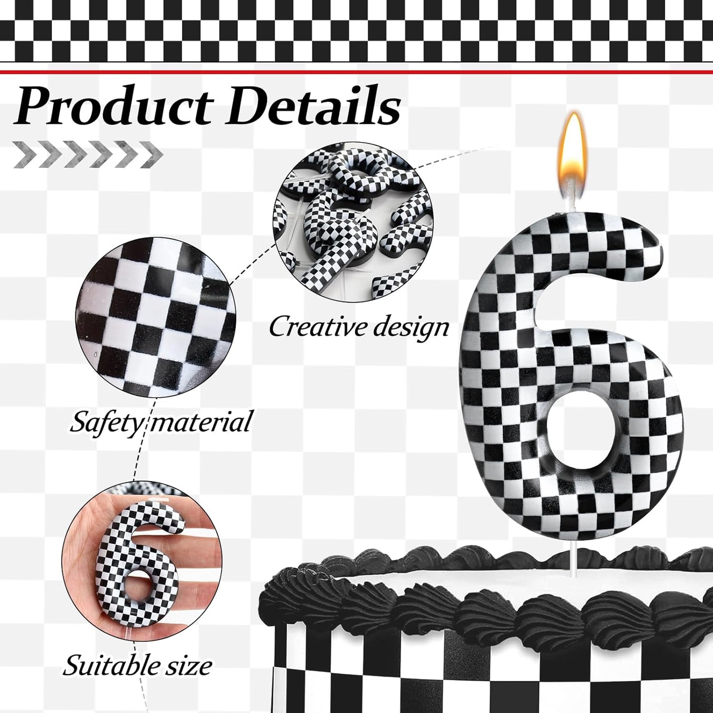 Racing Cars Themed Birthday Candle Number 6 Checkered Candle Birthday Party Decoration Cake Topper for Racing Car Party Decoration Theme Party Supplies (Number 6)