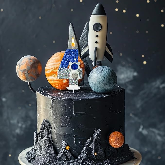 HXOUSE Astronaut 4th Birthday Candle - Space Universe Sparkler 4 Candle for Birthday Cake Boy, Topper for Party Decorations Anniversary Celebrations (Number 4)