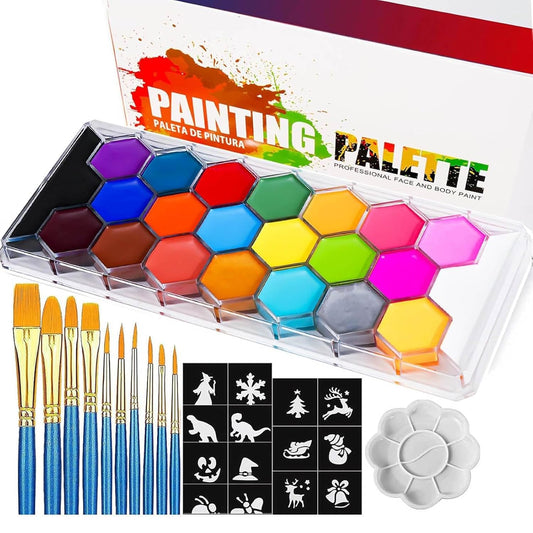 22 Colors Face & Body Paint Palette Kit，Halloween Makeup Kit, face painting kit professional，with 10 Brushes+30 pcs Stickers，Ideal for Halloween Cosplay Party SFX Arty Stage Makeup(22-Colors)