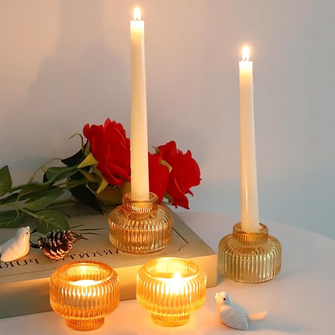 Woho Gold Candlestick Holder Set of 4, Tapered Candlestick Holders for Table Centerpiece, Glass Taper Candle Holders Bulk for Wedding Dinning Party