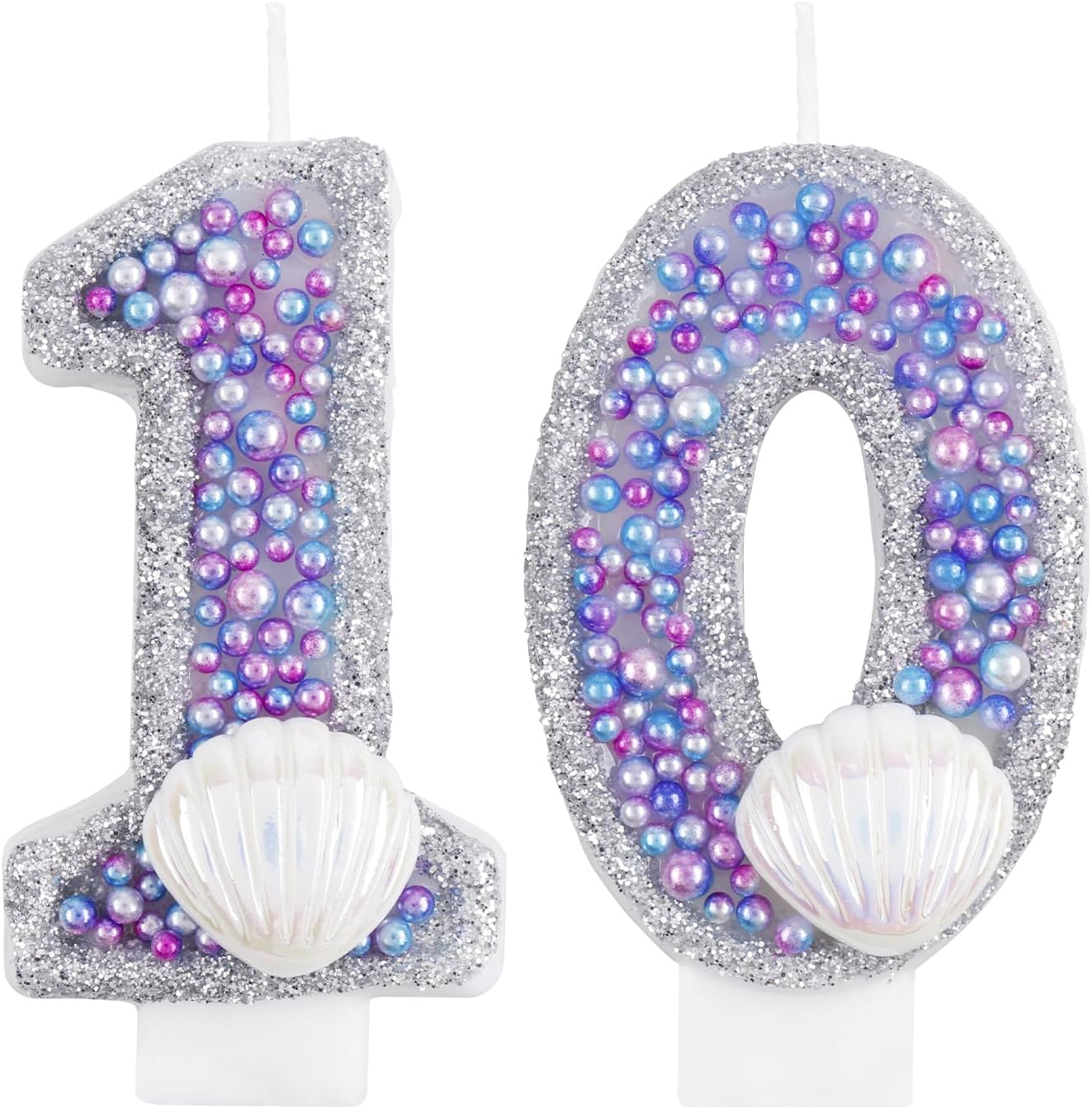 Girls Glitter 10 Birthday Number Candle, Pink Shell Sequins Blue Purple Pearls Number Birthday Candles for Boys Girls Birthday Cakes Mermaid Themed Birthday Decorations Party Supplies Number 10 Candle