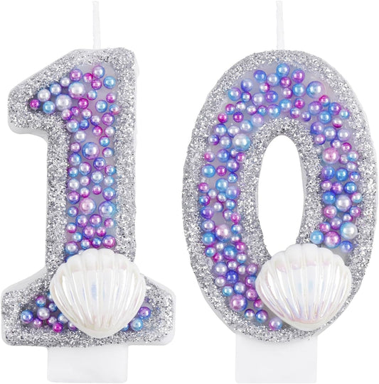 Girls Glitter 10 Birthday Number Candle, Pink Shell Sequins Blue Purple Pearls Number Birthday Candles for Boys Girls Birthday Cakes Mermaid Themed Birthday Decorations Party Supplies Number 10 Candle