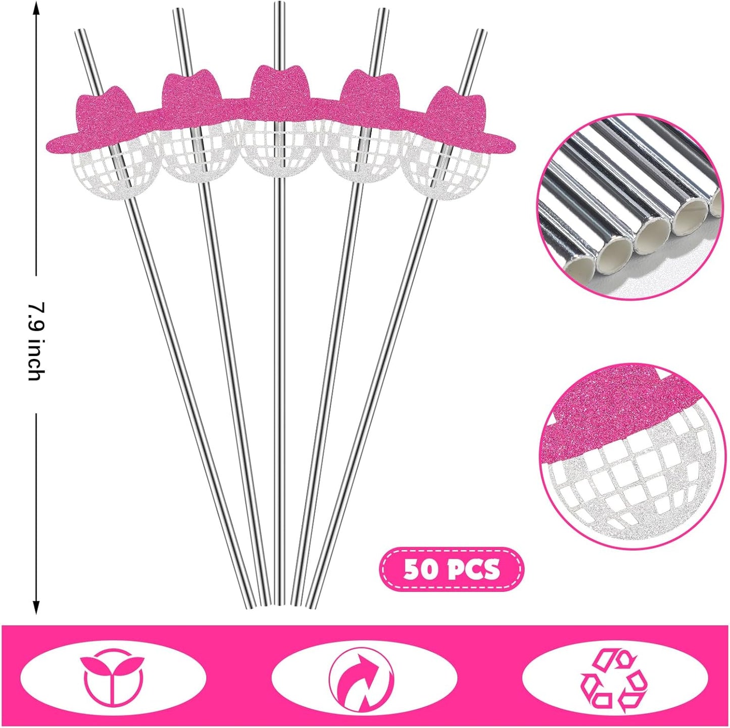 Tanlade 50 Pcs Mini Disco Ball Straws 70s Disco Straws Mirror Glitter Cowgirl Hat Party Decorations for Dance Holiday Wedding Birthday Supplies(Pink)