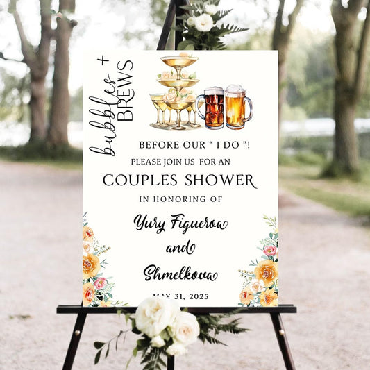 Personalized Greenery Eucalyptus Bubbles and Brews Couples Shower Welcome Sign, Gold Modern Minimalist Wedding Shower Bridal Party Decoration, Outdoor Plastic Sign Weatherproof #16