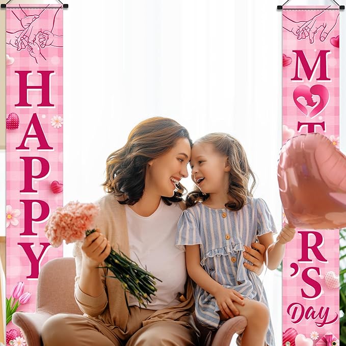 Happy Mother's Day Porch Banner Decorations,Mothers Day Porch Sign Pink Heart Flowers Mother's Day Indoor Outdoor Hanging Banner for Best Mom Ever,Mothers Day Birthday Party Decor