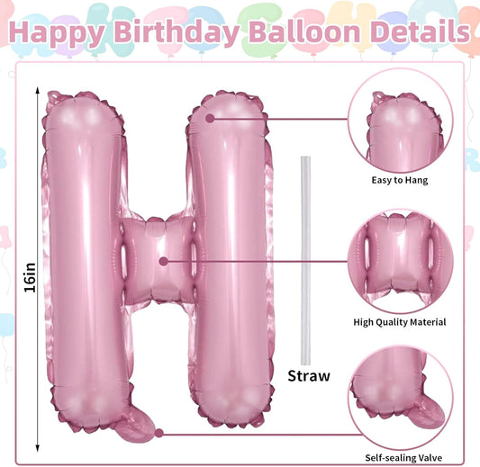 Pink Happy Birthday Balloon Banner, 16 Inch Pastel Pearl Baby Pink Self Inflating Happy Birthday Mylar Foil Balloon, Birthday Bunting Banner Letter Balloons for Girls Women Birthday Party Decorations
