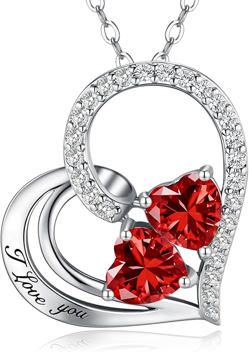 Double Birthstone Heart Necklace 0.8CT Dual-Gemstone S925 Sterling Silver Plated White Gold Engraved I Love You Perfect Anniversary/Valentine's Day Gift for Wife/Girlfriend/Mom/Daughter
