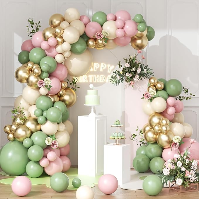 Sage Green Pink Balloon Garland Arch Kit 143pcs White Sand Chrome Gold and Pastel Balloons Garland for Girls Baby in Bloom Baby Shower Mothers Day Jungle Safari Boho Birthday Party Decorations