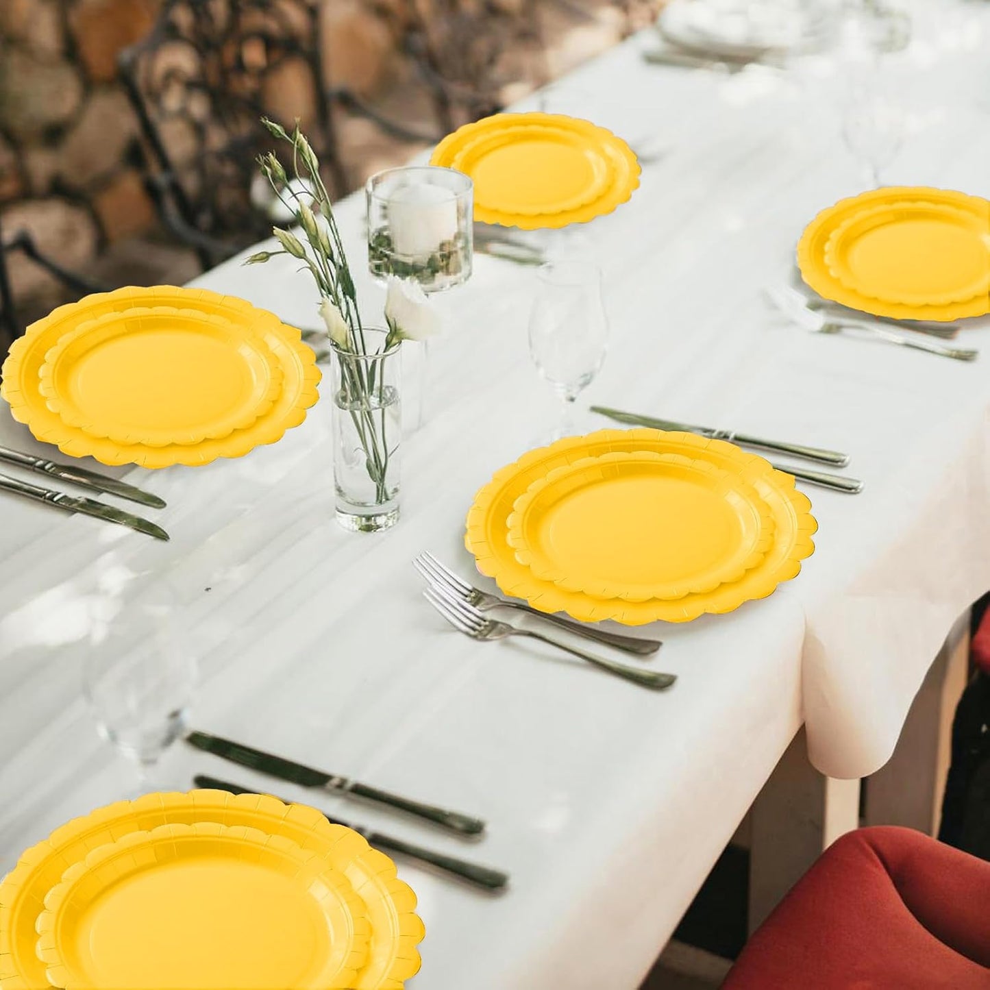 BEFORYOU 50PCS Scalloped Disposable Paper Plates Dessert Cake Party Plates for Baby Shower, Wedding,Bridal Shower Birthday Party Supplies (Yellow, 7IN and 9IN)