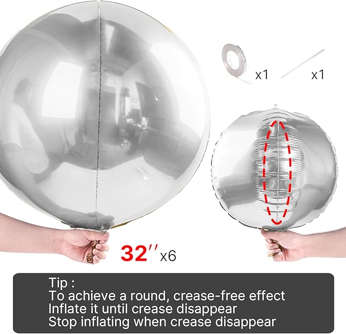 PartyWoo Metallic Silver Foil Balloons 6pcs 32 Inch Large Round Foil Big Giant 4D Jumbo Inflatable Mirror Ball Mylar Balloons for Graduation Birthday Engagement Space Themed Party Decorations