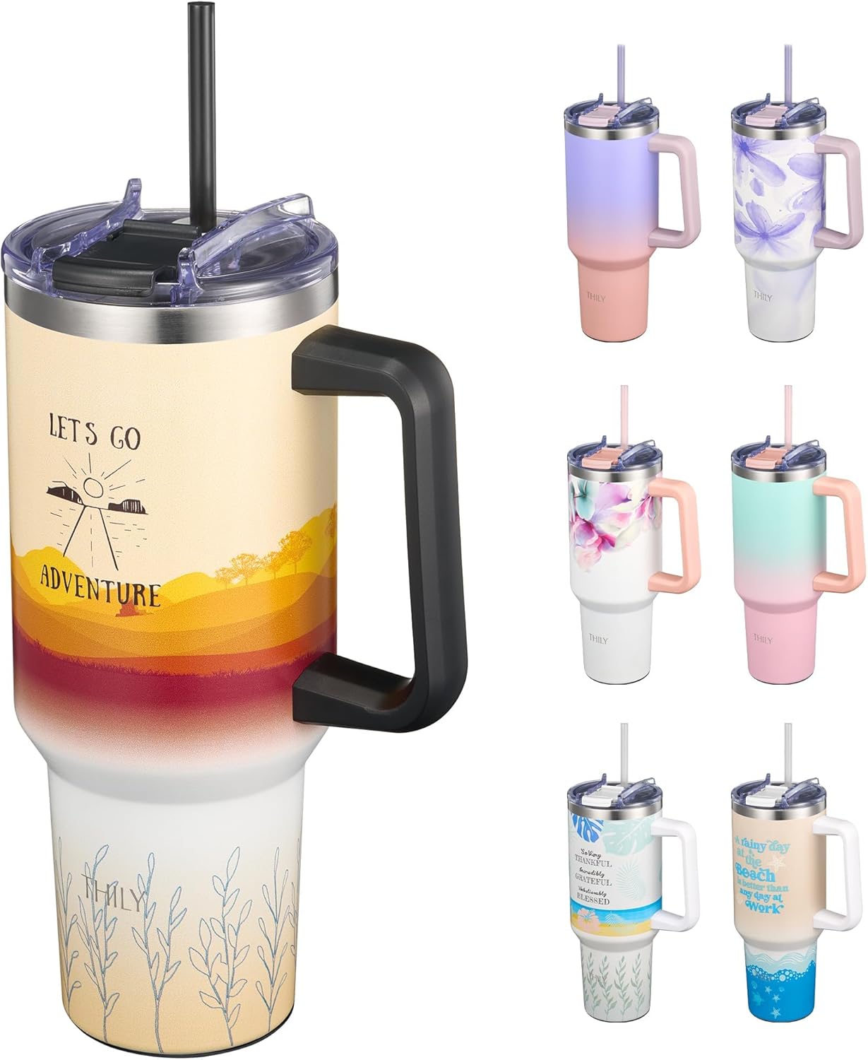 THILY 40 oz Stainless Steel Tumbler with Handle - Vacuum Insulated Travel Cup, Splash-Proof & Leakproof Lid, 2 Straws & Brush | Keeps Cold 34H/Hot 12H, Cupholder Friendly, Adventure