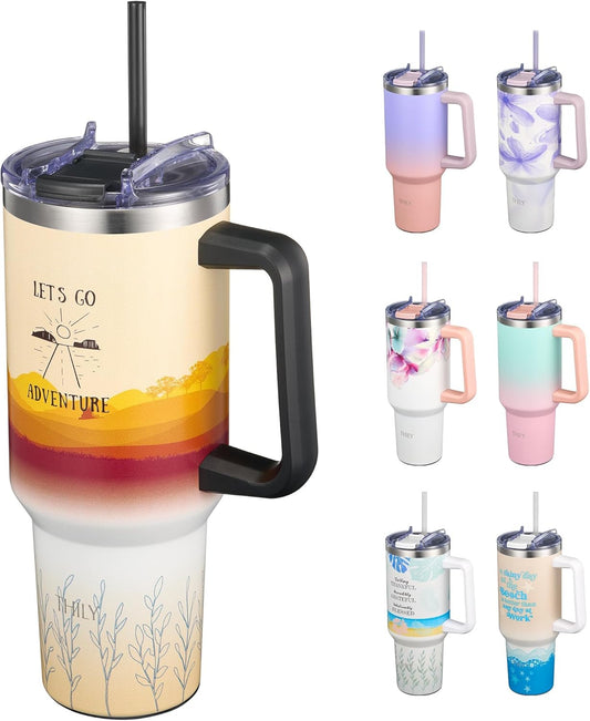 THILY 40 oz Stainless Steel Tumbler with Handle - Vacuum Insulated Travel Cup, Splash-Proof & Leakproof Lid, 2 Straws & Brush | Keeps Cold 34H/Hot 12H, Cupholder Friendly, Adventure
