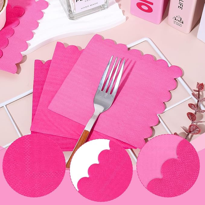 Whaline 150Pcs Hot Pink Scalloped Cocktail Napkins 3 Gradient Pink Colors Paper Napkins Disposable Dinner Beverage Napkins for Baby Shower Wedding Birthday Party Supplies Table Decor, 5 x 5 Inch