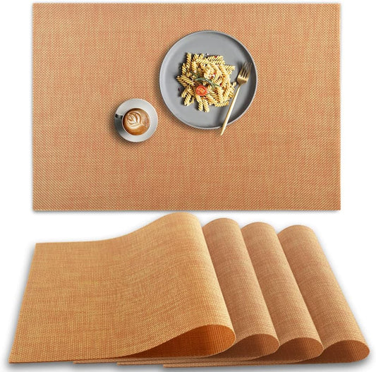 homEdge PVC Placemat, 4 PCS of Non-Slip Heat Resistant Place Mats, Washable Vinyl Placemats, Set of 4 –Dark Golden