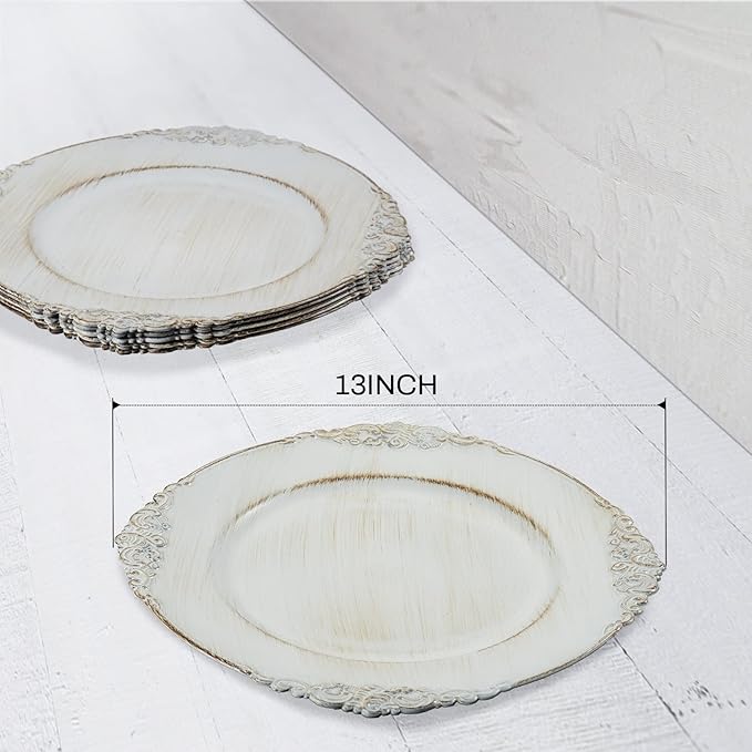 MAONAME Antique White Charger Plates, Round Antique Plate Chargers for Dinner Plate, 13" Plastic Charger for Plates, Wedding Table Setting, Set of 6