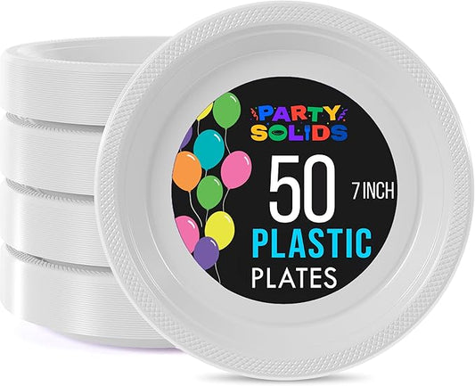 Exquisite Party Solids White Plastic Plates For Party Supplies 7" White Disposable Plates Heavy Duty 50 Pcs Plastic Dinnerware Sets Heavy Duty 350 GSM Disposable Dinnerware Set