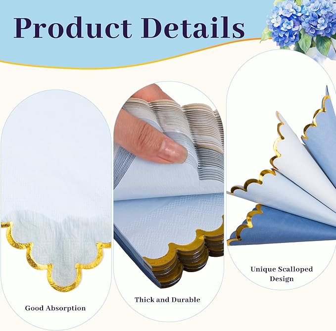 100 Pcs Blue Scalloped Napkins with Gold Foil Gradient Color Cocktail Napkin Folded 5 x 5 Beverage Napkins Disposable Paper Napkins for Birthday Party Supplies