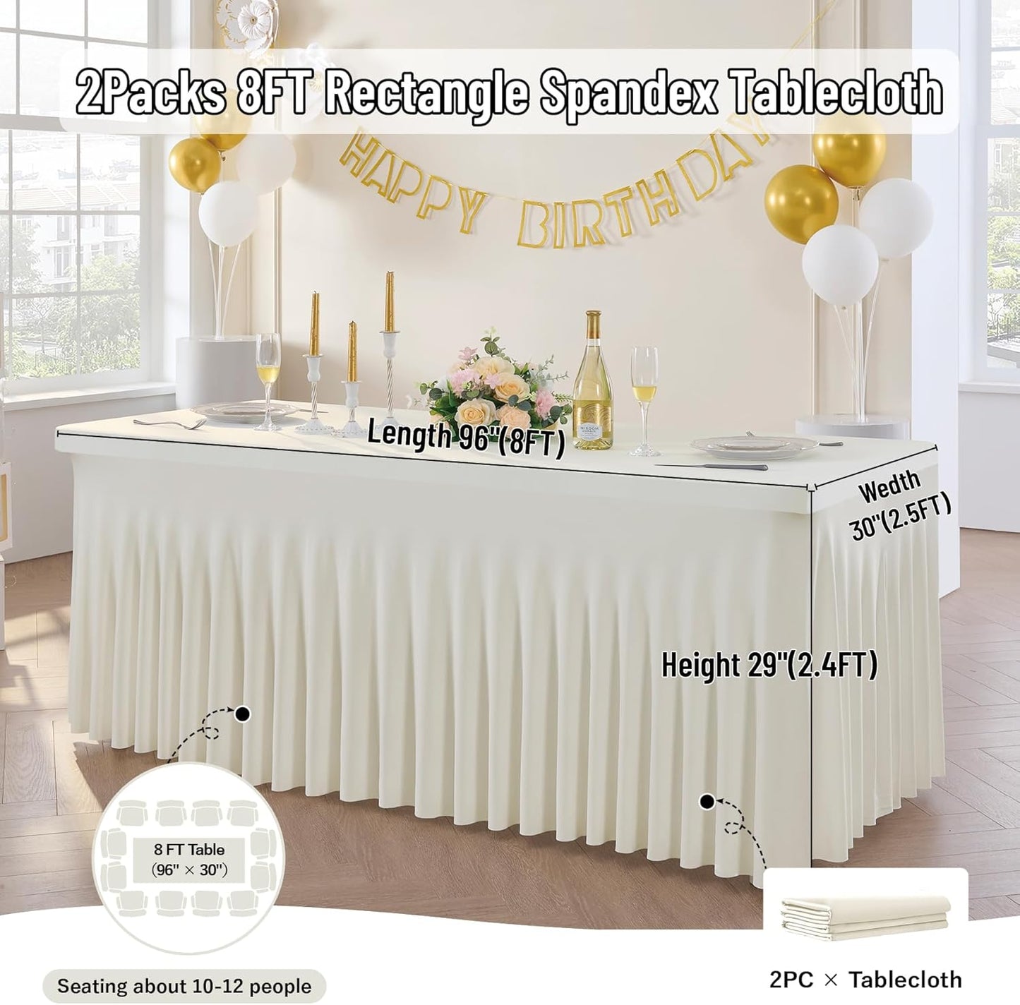 leegleri 2 Pack Ivory Spandex Fitted Table Clothes for 8 Foot Rectangle Tables, Wrinkle Free 8ft Spandex Table Cover with Skirt for Banquet Weddings Parties