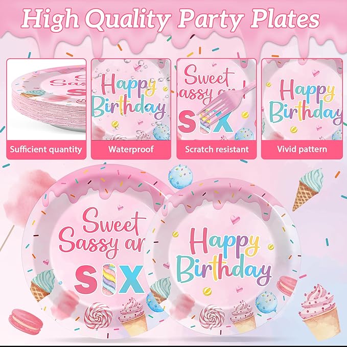 96 PCS Donut Party Tableware 6th Birthday Plates and Napkins Decorations Disposable Donuts Happy Birthday Party Tableware Supplies Sweet Sassy 6th Plates Napkins Decor for Kids Gatherings Decorations