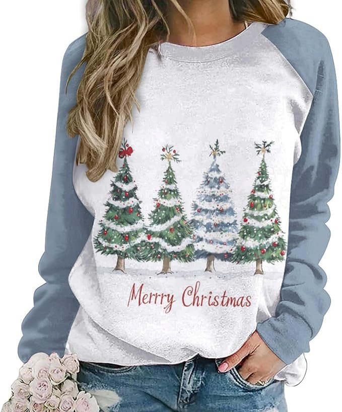LOAIHA Christmas Sweatshirts for Women Christmas Tree Graphic Shirt Xmas Long Sleeve Merry Christmas Pullover Blouse