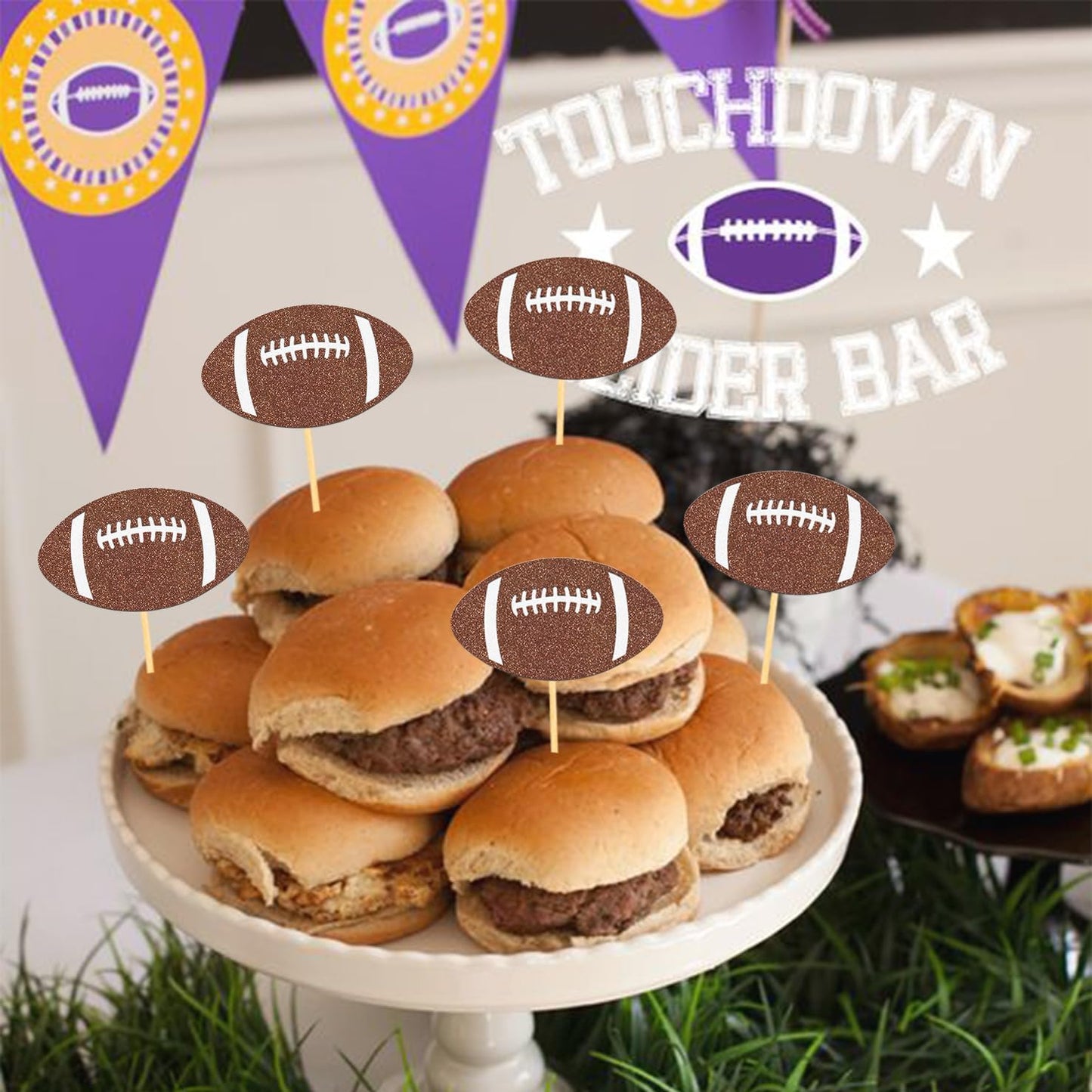 24pc Glitter Football Cupcake Toppers for Football Party, Baby Shower Decorations