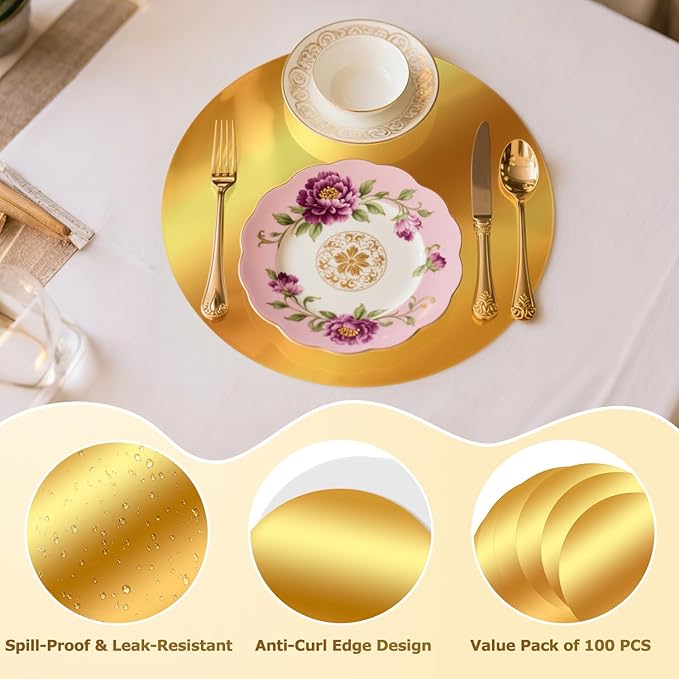 50PCS Gold Paper Placemats for Dinner Plates, 13 Inch Round Disposable Chargers, Shiny Holiday Place Mat for Dining Table Setting Valentine's Day Weddings Birthday Parties Kitchen Banquet Decor