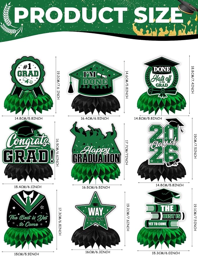 Graduation Table Decorations 2026,Green Graduation Centerpieces for Tables, 9Pcs Honeycomb Centerpieces, 3D Congrats Grad Table Toppers for Grad Party Decorations, Class of 2026 Decor