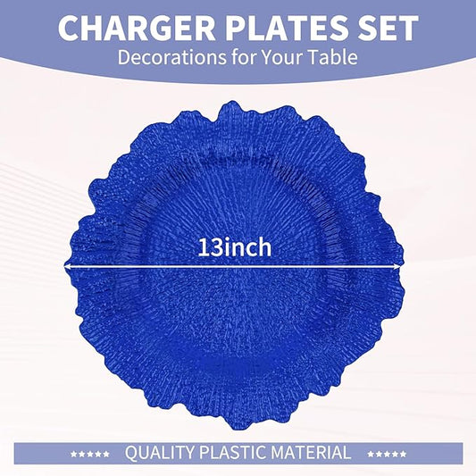 24 Pcs Royal Blue Charger Plates Bulk 13 Inch Plastic Charger Plates for Dinner Plate, Royal Blue Chargers for Table Setting, Reef Design Plate Floral Decorative Round Chargers for Wedding Party Event