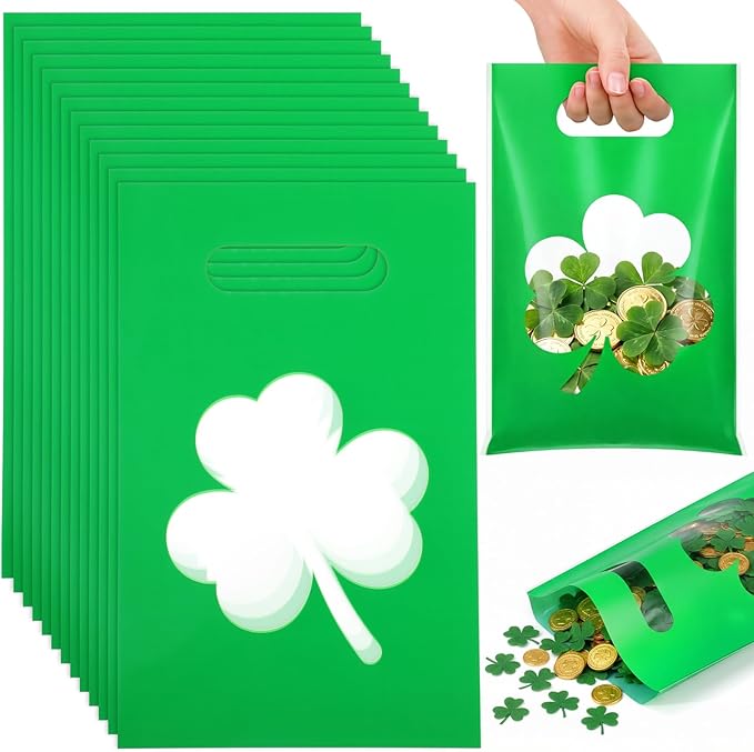 Supervitae 100 Pcs St. Patrick's Day Party Gift Bags Green Irish Shamrock Favor Bags Bulk with Window & Handles for Snacks Goodie Candy Treat Ireland Party Supplies