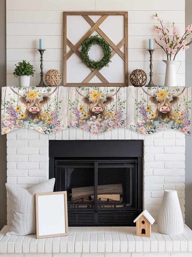 Spring Cow Floral Fireplace Mantel Scarf Table Runner, Green Eucalyptus Leaves Grey Wooden Winter Garland Mantel Top Tablerunners Dresser Scarves Cover for Windows Party Living Room 90''x17''