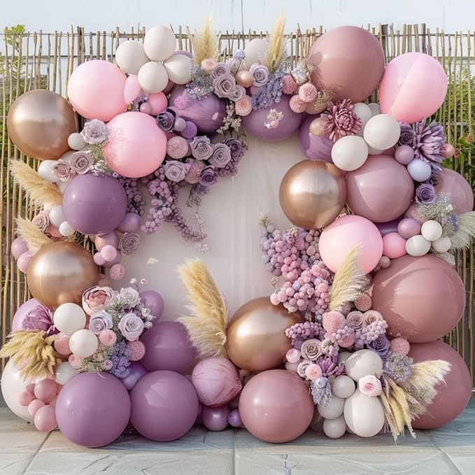 Dusty Purple Pink Balloon Garland Double Stuffed Boho Lavender Sand White Pastel Pink Lilac Gold Balloons Arch Kit for Wedding Birthday Bridal Baby Shower Floral Butterfly Party Decoration