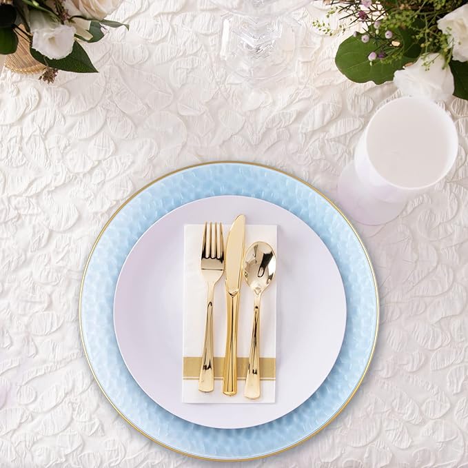 PARTY BARGAINS 13-Inch Charger Plates - 96 Pack, Hammered Blue Gold Rim, Heavy-Duty Disposable Chargers for Elegant Dining - Ideal for Weddings and Formal Events