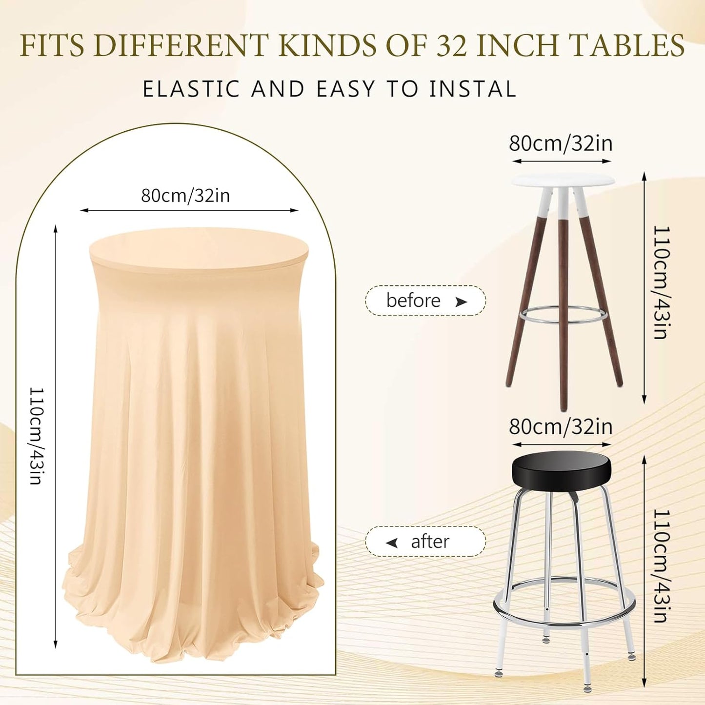 Tegeme 1 Pack 32 x 43 Inch Round Spandex Cocktail Tablecloths with Skirt Cocktail Round Table Cover Spandex Stretch Tablecloth for Fitted High Top Table Bar Wedding Party Banquet (Champagne)