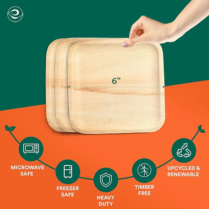 ECO SOUL 6 Inch Disposable Palm Leaf Plates [100 Pack] Premium Food-Safe Heavy Duty Compostable Bamboo Paper Plates for Dessert, Dinner, Apetizers, Weddings, Party, Camping & Catering Events [Square]
